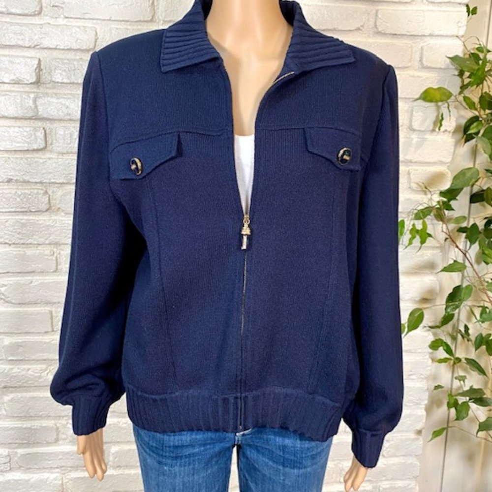 90's ST. JOHN Bomber Style Zip Sweater Navy Blue Knit Gold Hardware Sz L